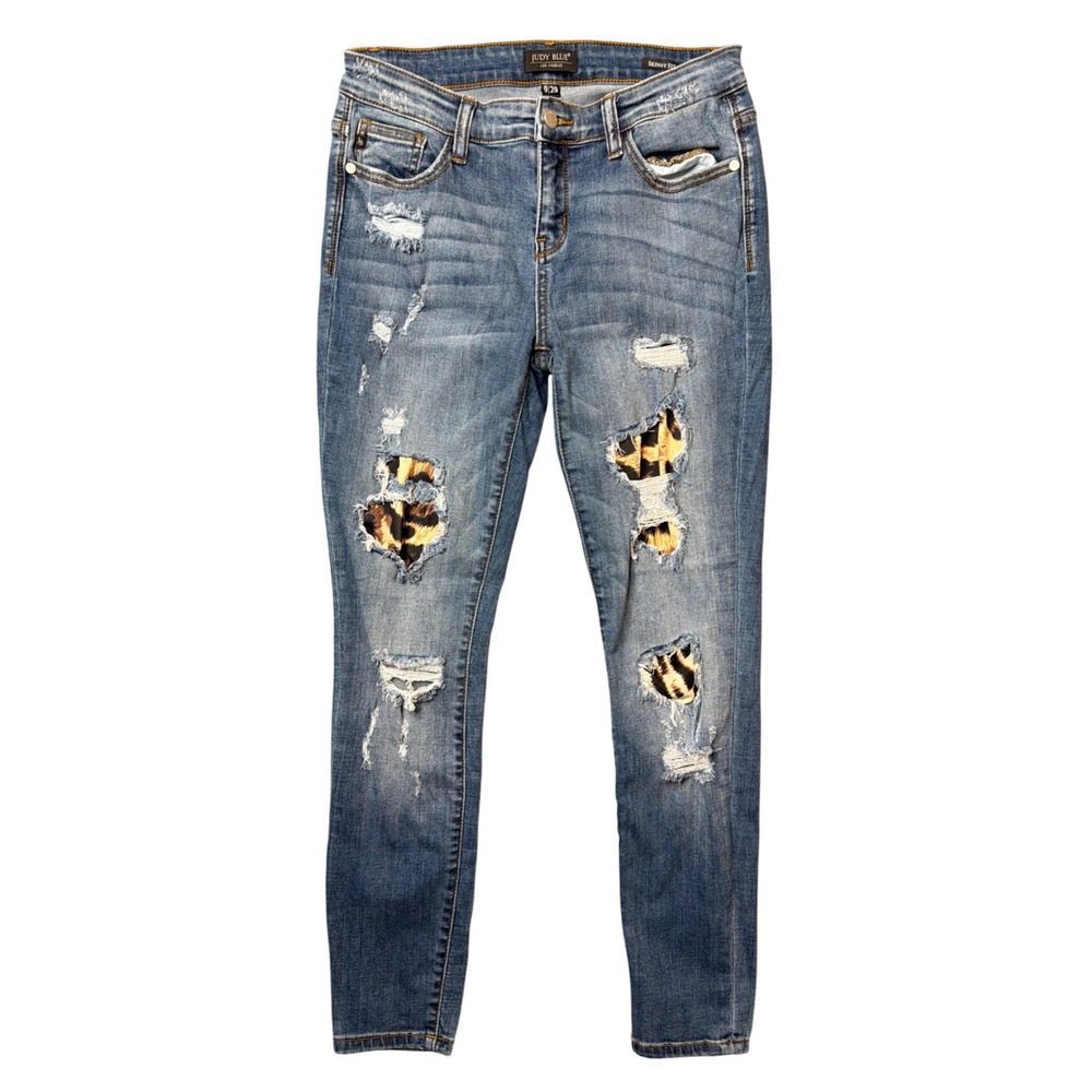 Judy Blue Jeans Womens 9/29 Skinny Fit JB8265MD Blue Leopard Distressed
